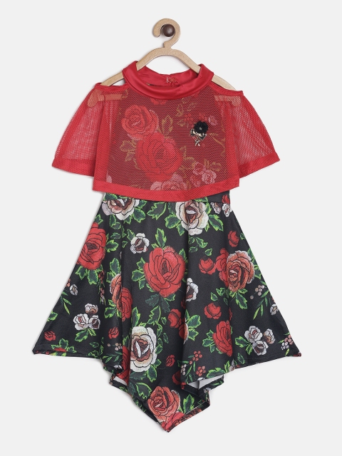 

Tiny Girl Girls Black & Red Floral Print Fit and Flare Dress