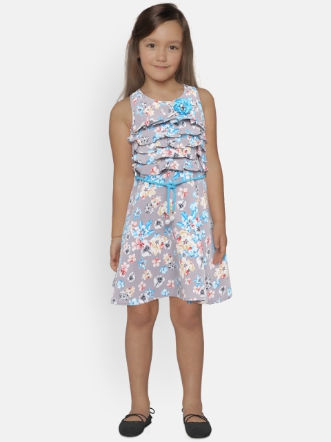 

Tiny Girl Grey & Blue Floral Printed Fit and Flare Dress