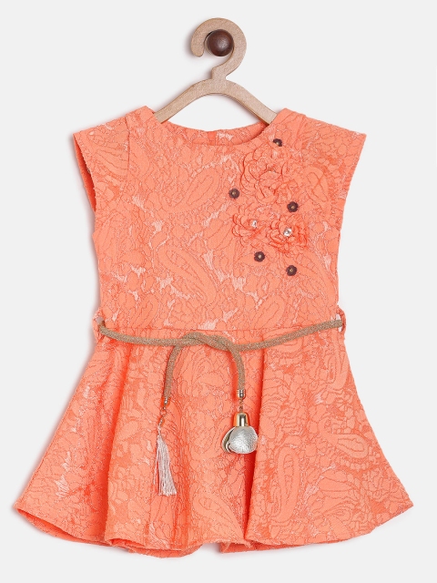 

Tiny Girl Girls Self Design Peach Fit and Flare Dress