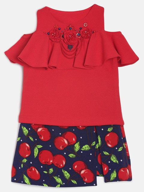 

Tiny Girl Navy Blue & Red Embellished Top with Skirt