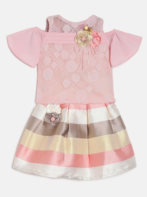 

Tiny Girl Peach-Coloured & Gold-Toned Self Design Top with Skirt