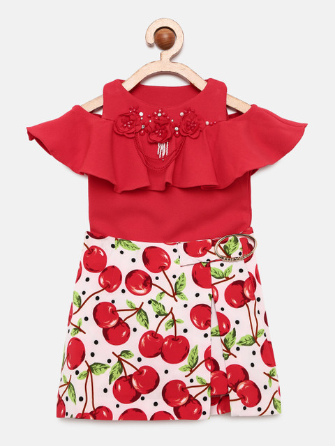 

Tiny Girl Girls Red & Off-White Embellished Top with Skirt