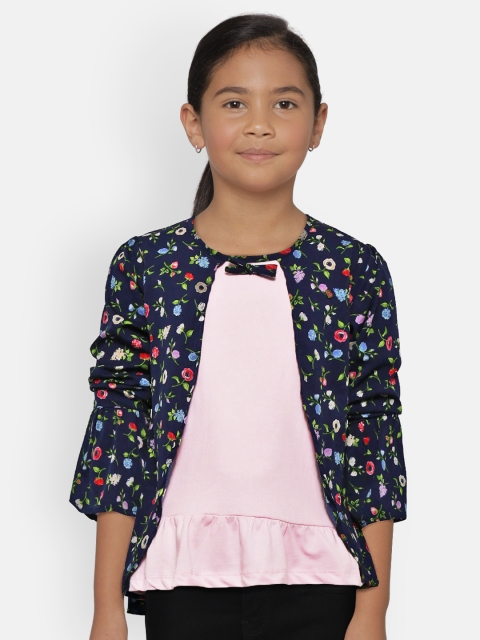 

612 league Girls Navy Blue & Pink Floral Printed Layered Top