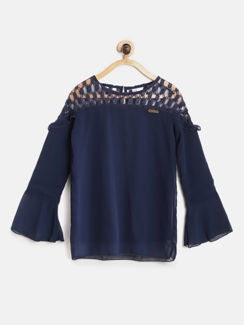 

612 league Girls Navy Blue Solid Top with Lace Inserts