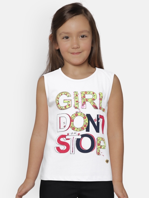 

612 league Girls White Green Printed Round Neck Pure Cotton T-shirt