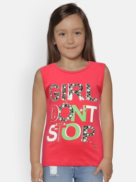 

612 league Girls Fuchsia Printed Round Neck T-shirt