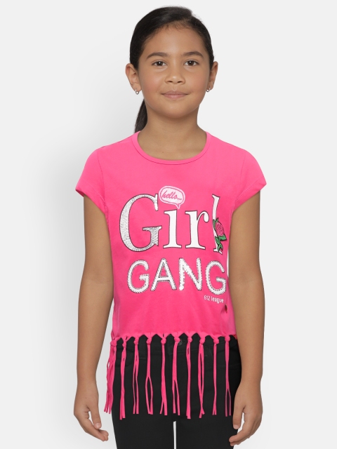 

612 league Girls Fuchsia Pink Printed Fringed Top with Sequinned Detail