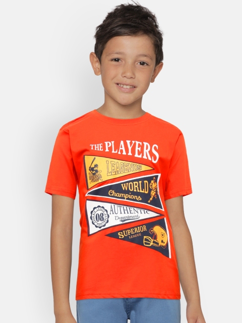 

612 league Boys Orange Printed Round Neck T-shirt