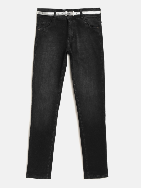 

612 league Girls Black Regular Fit Mid-Rise Clean Look Stretchable Jeans with Belt