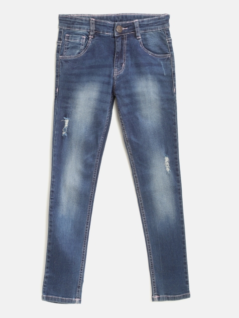 

612 league Girls Navy Blue Regular Fit Mid-Rise Mildly Distress Stretchable Jeans
