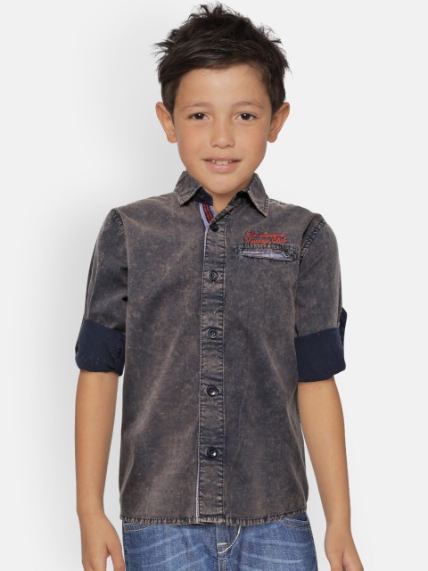 

612 league Boys Charcoal Grey Chambray Regular Fit Solid Casual Shirt
