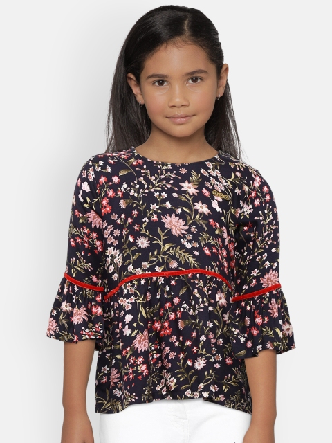 

612 league Girls Navy Blue & Pink Floral Print A-Line Pure Cotton Top