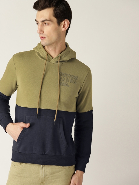 

United Colors of Benetton Men Olive Green & Navy Blue Colourblocked Hooded Sweatshirt