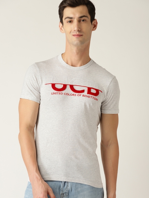 

United Colors of Benetton Men Grey Melange & Red Embroidered Detail Round Neck T-shirt