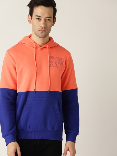 

United Colors of Benetton Men Coral Orange & Blue Colourblocked Hooded Sweatshirt