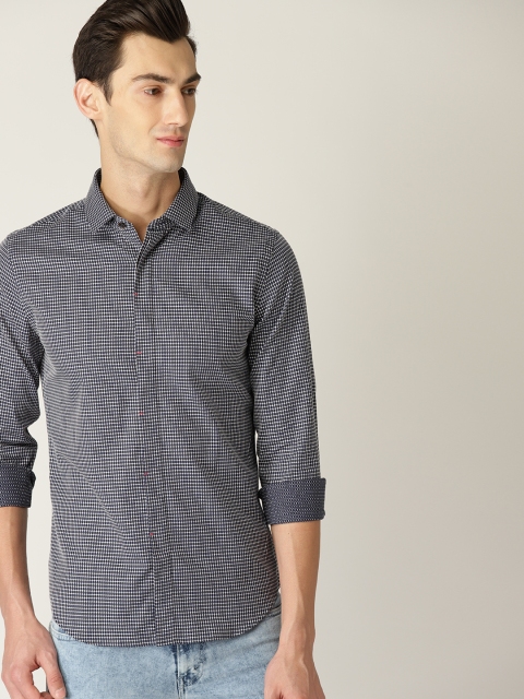 United Colors of Benetton Men Navy Blue & White Slim Fit Self Design Casual Shirt