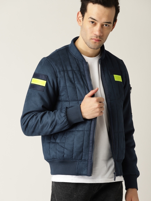 

United Colors of Benetton Men Navy Blue Suede Finish Solid Bomber Jacket