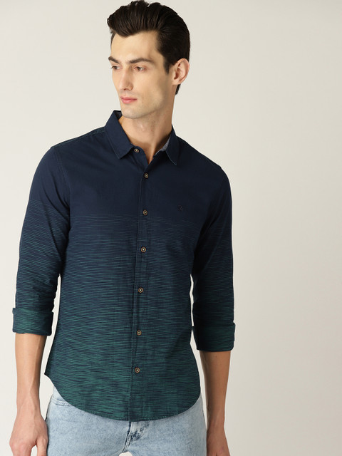 

United Colors of Benetton Men Navy Blue & Green Slim Fit Striped Casual Shirt