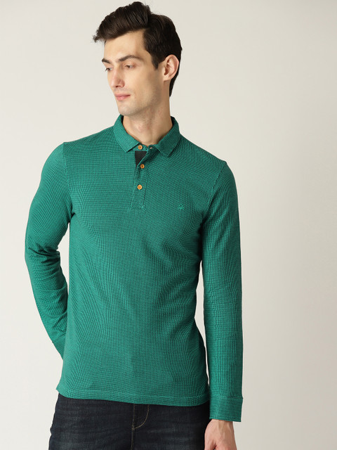 

United Colors of Benetton Men Green Self Design Polo Collar T-shirt