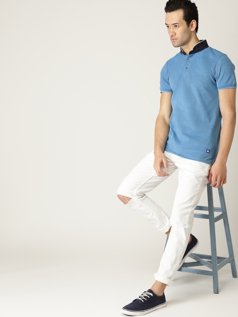

United Colors of Benetton Men Blue Solid Stand Collar T-shirt
