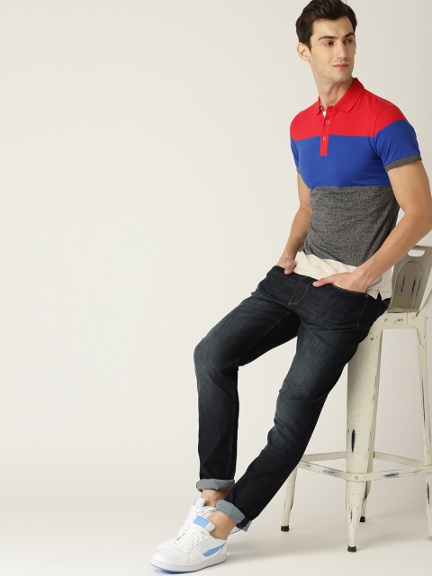 

United Colors of Benetton Men Charcoal Grey & Blue Colourblocked Polo Collar T-shirt