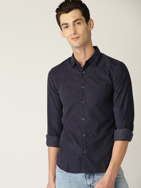 

United Colors of Benetton Men Navy Blue Slim Fit Checked Corduroy Casual Shirt