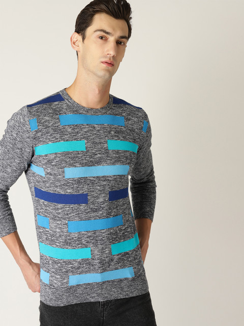 

United Colors of Benetton Men Charcoal Grey & Blue Self Design Sweater