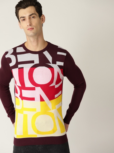 

United Colors of Benetton Men Burgundy & Yellow Self Design Sweater