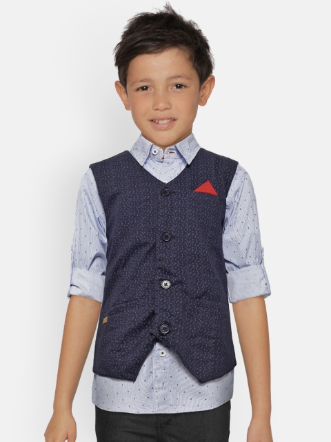 

612 league Boys Blue & White Regular Fit Striped Casual Shirt with Waistcoat