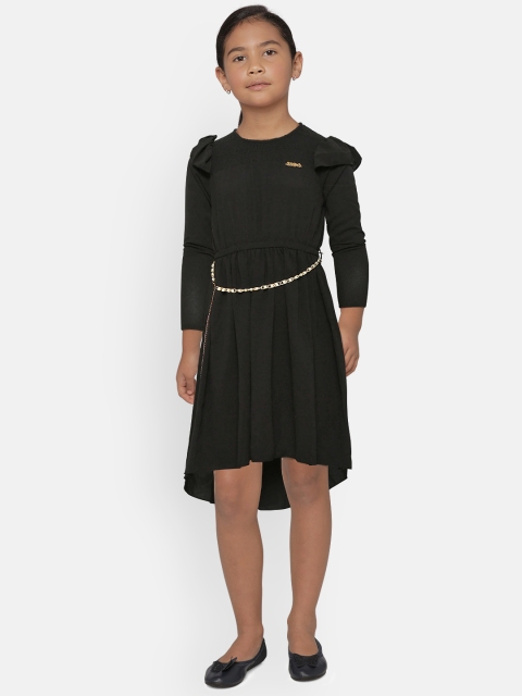 

612 league Girls Black Solid Fit and Flare Dress with Belt