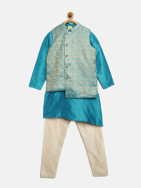 

612 league Boys Blue & Beige Solid Kurta with Pyjamas & Nehru Jacket