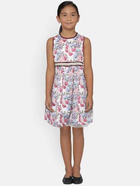 

612 league Girls White & Magenta Floral Printed Fit and Flare Dress