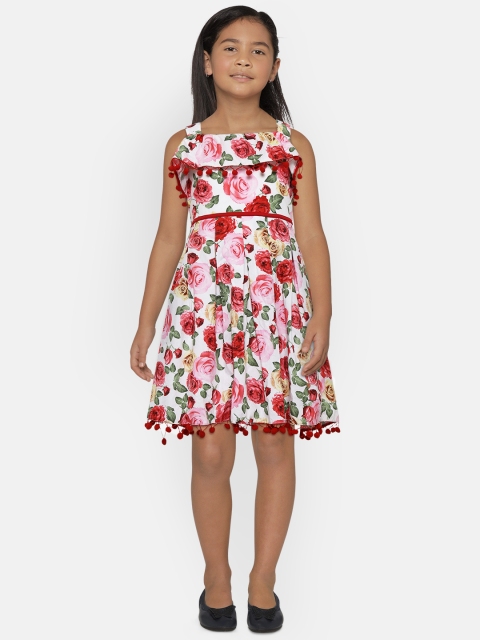 

612 league Girls White & Red Floral Print Fit and Flare Dress