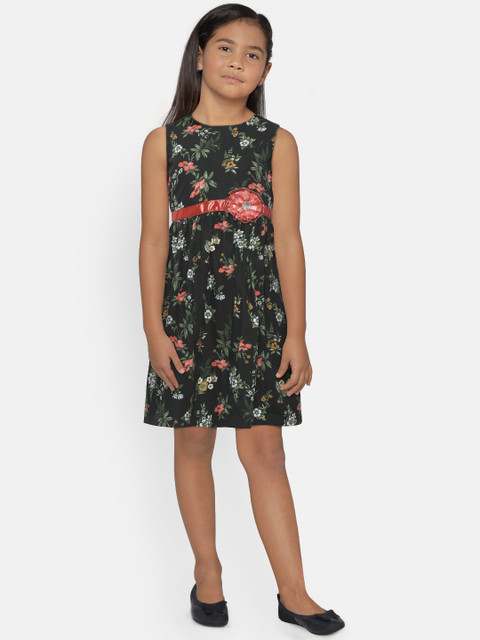

612 league Girls Black & Green Floral Print Fit and Flare Dress