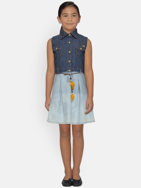 

612 league Girls Blue Dyed Chambray A-Line Dress with Belt