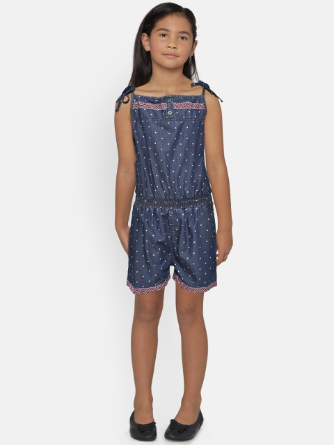 

612 league Girls Navy Blue Chambray Printed Playsuit