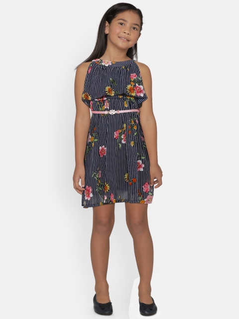 

612 league Girls Navy Blue & Pink Floral Printed Layered A-Line Dress with Belt