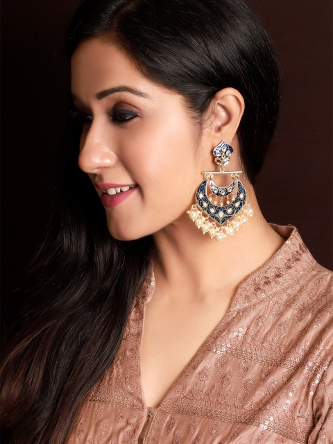 

Rubans Gold-Toned & Blue Crescent Shaped Handpainted Drop Earrings