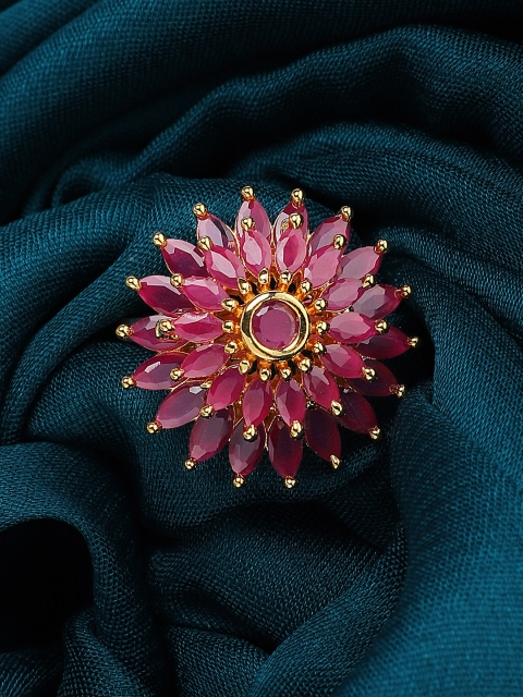 

Rubans Gold-Plated & Magenta CZ Studded Floral Statement Finger Ring