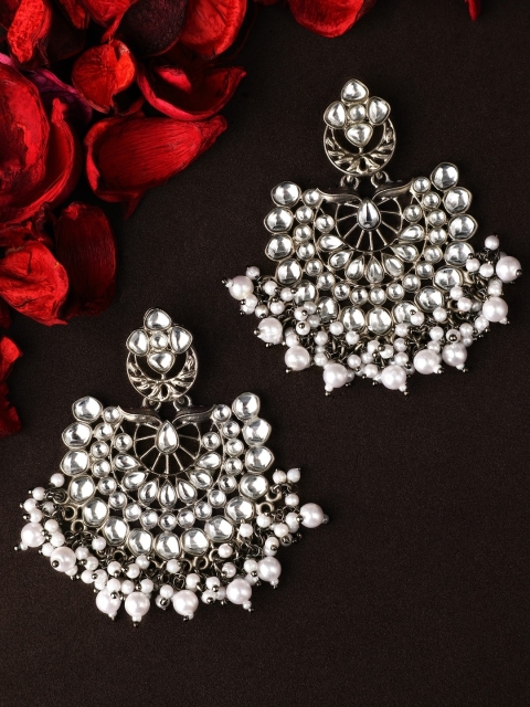 

Rubans Silver-Toned & White Crescent Shaped Handcrafted Kundan Studded Drop Earrings