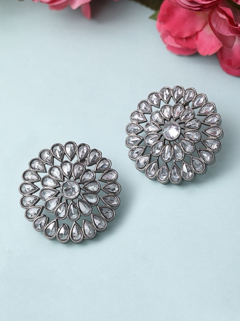 

Rubans Silver-Toned & White Circular Handcrafted Kundan Studded Studs