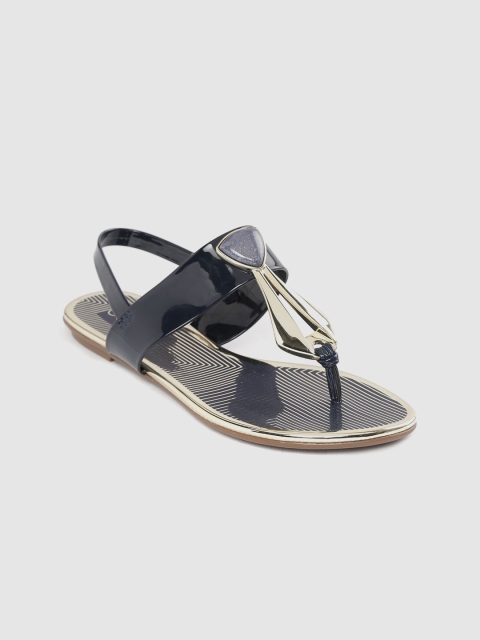 

BEIRA RIO Women Navy Blue & Gold-Toned Colourblocked T-Strap Flats