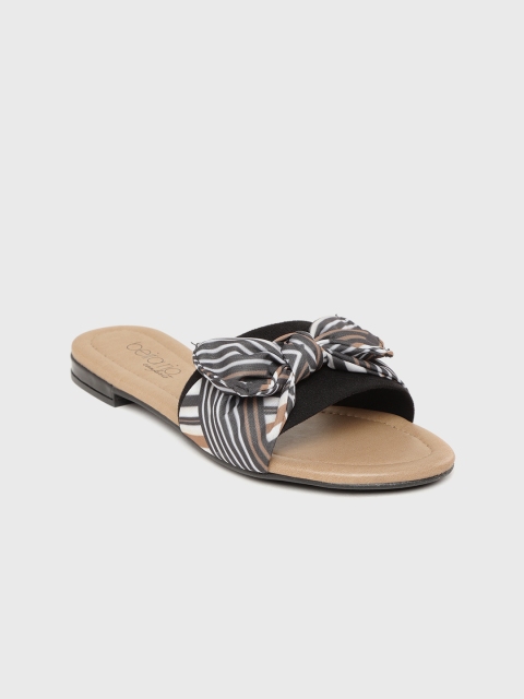 

BEIRA RIO Women Charcoal Grey & White Striped Open Toe Flats with Bow Detail