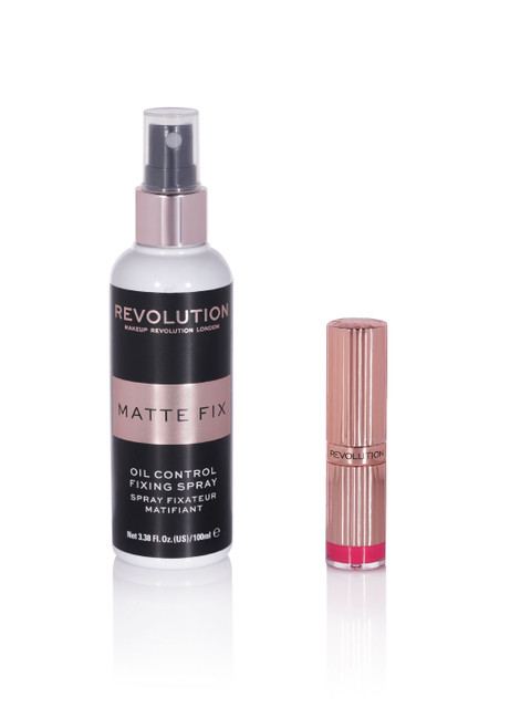 

Makeup Revolution Set Of Oil Control Fixing Spray & Renaissance Date Lipstick, White