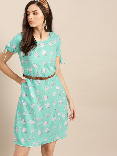 

AKS Couture Women Sea Green & Off-White Floral Print A-Line Dress