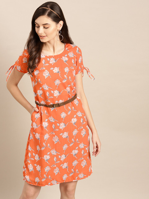 

AKS Couture Women Orange & Off-White Floral Printed A-Line Dress