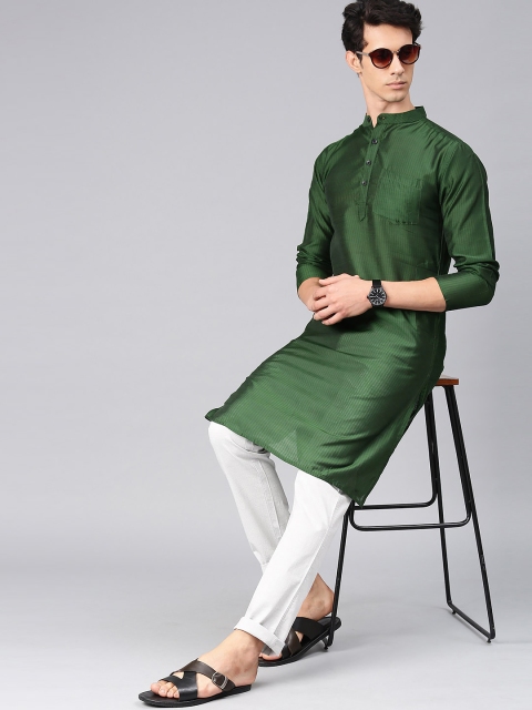 

Svanik Men Green Self Striped Straight Kurta