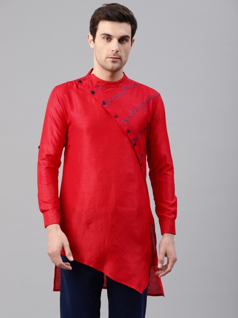 

Svanik Men Red Embroidered Straight Kurta