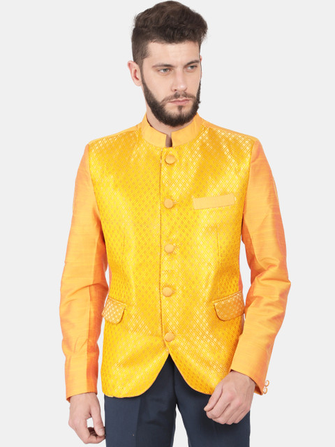

Svanik Men Yellow Self-Design Bandhgala Slim-Fit Blazer