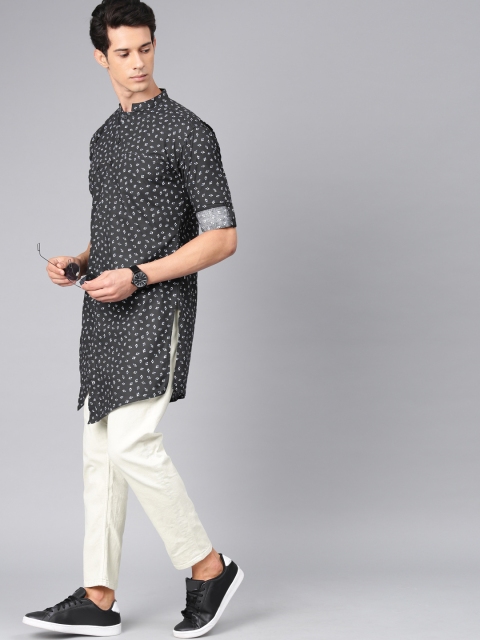 

Svanik Men Fluorescent Grey & White Printed Straight Kurta